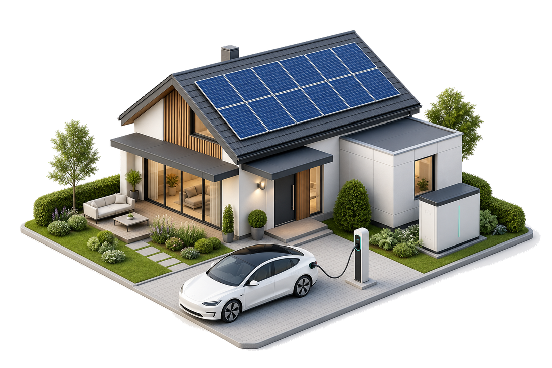 Maison moderne équipée de panneaux solaires en toiture, d'une batterie domestique et d'une borne de recharge pour voiture électrique